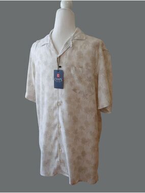 Chaps Men's Beige Palm-Print Short Sleeve Button Down Shirt Beige Medium NWT